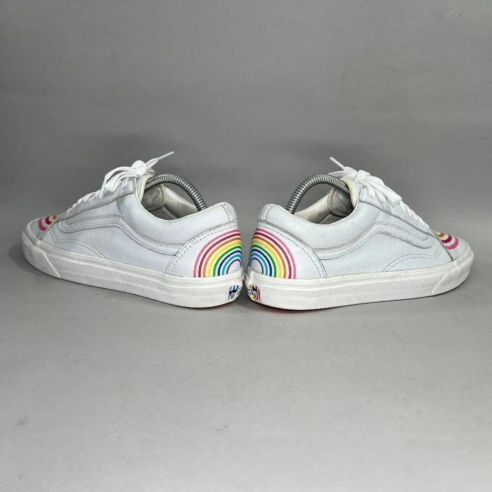 Vans Flour Shop Sneakers Women's Size 10.5 White Leather Old Skool Rainbow Shoes